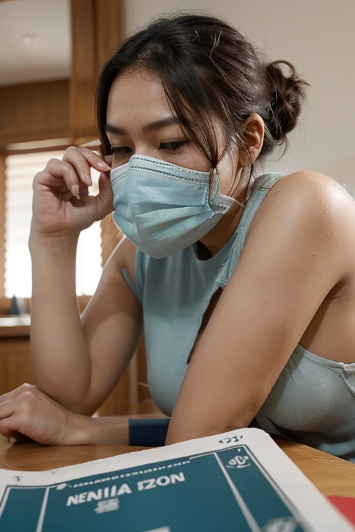 (masterpiece:1.2), Japanese, (((18 years old))), (a girl), (opened mouth wide), (skirt), ((small ribbon)), (((legs spread wide))), ((mouth mask)), on a bed, (((panty))), ((collared shirt)), short hair, 