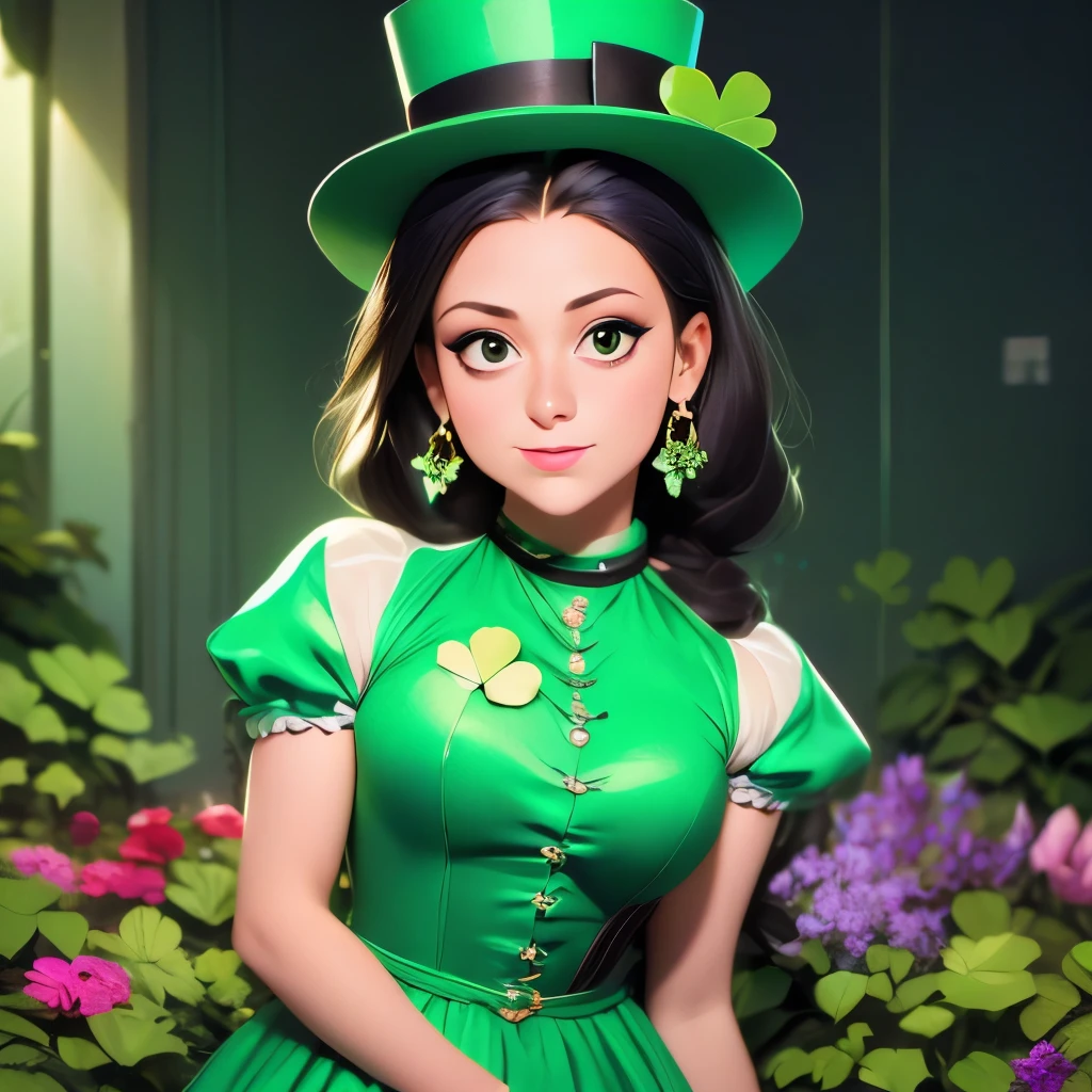 ((masterpiece,best quality)),  anime style, 
solo, 1girl,( civitai-chan, black hair, blue eyes, braided bangs, v-shaped eyebrows:1.1),  <lora:gijinkaseries_civitai-18:0.8>, 
green bow, green top hat, formal, 
smile, looking at viewer, cowboy shot,  
<lora:ShamrockWorld-10:0.8>, ShamrockWorld, clover, four-leaf clover, light particles, green theme,