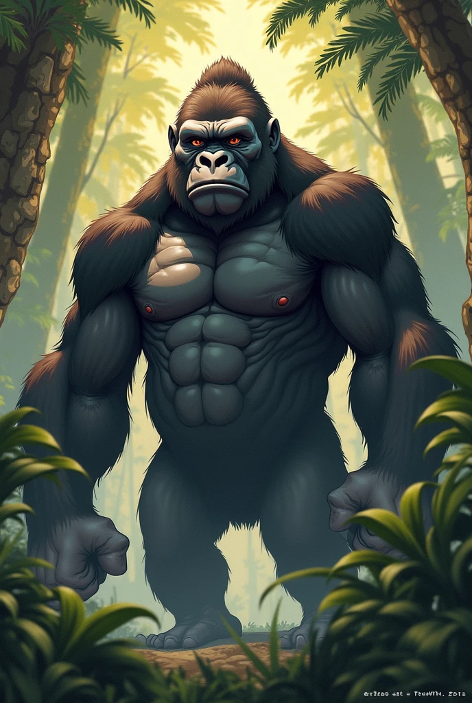 Alone, breath (ultra cool), a beautiful and decolaed full size portrait of a male anthro gorilla, Ozaru, Brown leather, skin body, monkey cola, Red eyes, bright Eyes, empty eyes, cola, bedroom eyes, decolaed eyes, grande body, sexy body, (wide body). subtract, Rosa Tran,Ruan Jia, trend on Artstation,Foxovh, cinematic lighting, grande breaths, big pecs, big arms, muscular, day, tree, (((forest, Rocks, laguna, seductive, pose, standing))), curvy figure, (((naked)), penis, big penis, NSFW, angry, Open mouth, blush,