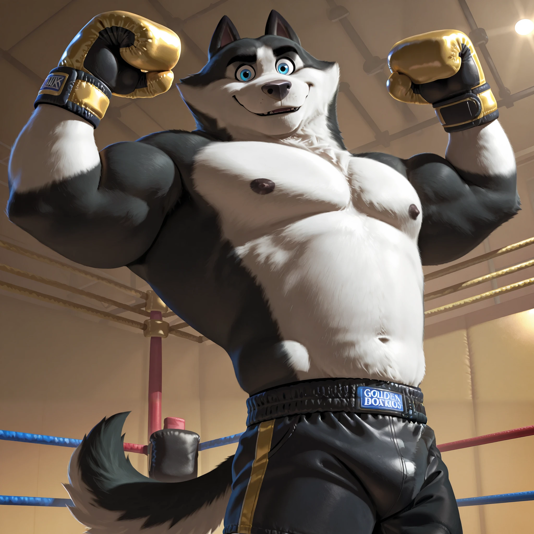 Duke (Arctic Dogs), anthro dog, black fur, white fur, male, blue eyes, shirtless, high quality, half body, thick arms, looking at viewer, solo, boxing fighting ring background, pov_boxing, flexing, (low-angle shot), golden boxing gloves, black boxing shorts with golden waist, 