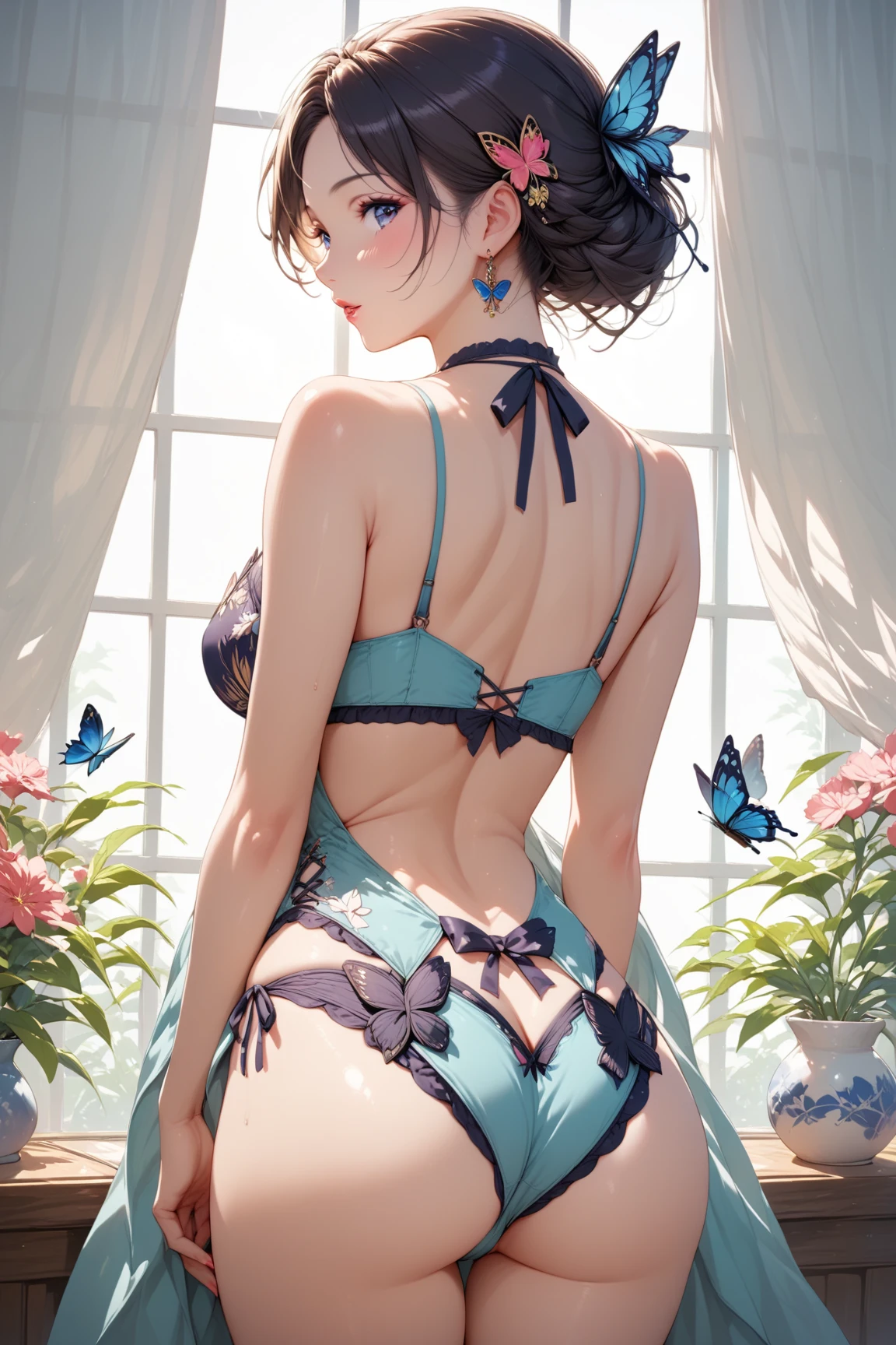 A beautiful girl in turquoise lingerie walking inside the house, anime girl, (A woman is walking, Looking Back, Back view:1.3), fine lingerie with lace, turquoise lingerie, (side-tie panties, panties with a plain turquoise center and white lace decoration on the sides:1.3), (Thin panties:1.3), (turquoise micro lace satin bra, turquoise bra with white lace trim around the edges, Thin bra:1.3), (knee-high lace garter belt:1.3), in one's underwear only, staring at me shyly, (Bow tie around neck:1.3), big rounds breasts, nice round buttocks, dark brown hair, swept bangs, long hair, wavy hair, shiny hair, hairclip, hair bun, aqua eyes, (gradient eyes:1.3), glowing eyes, pupils sparkling, blush, bright pupils, glossy lips, cute face, slim waist, shapely legs, beautiful thighs, whole body, from behind, different rear angles, anime CG style, high definition, natural light, high detail, anime, dithering, image fill, perspective, Wide-Angle, f/1.8, 85mm, Sony FE GM, 8k, 8k wallpaper, super detail, highly detailed CG, UHD, retina, masterpiece, accurate, anatomically correct, textured skin, highres, best quality:1.3, 16k