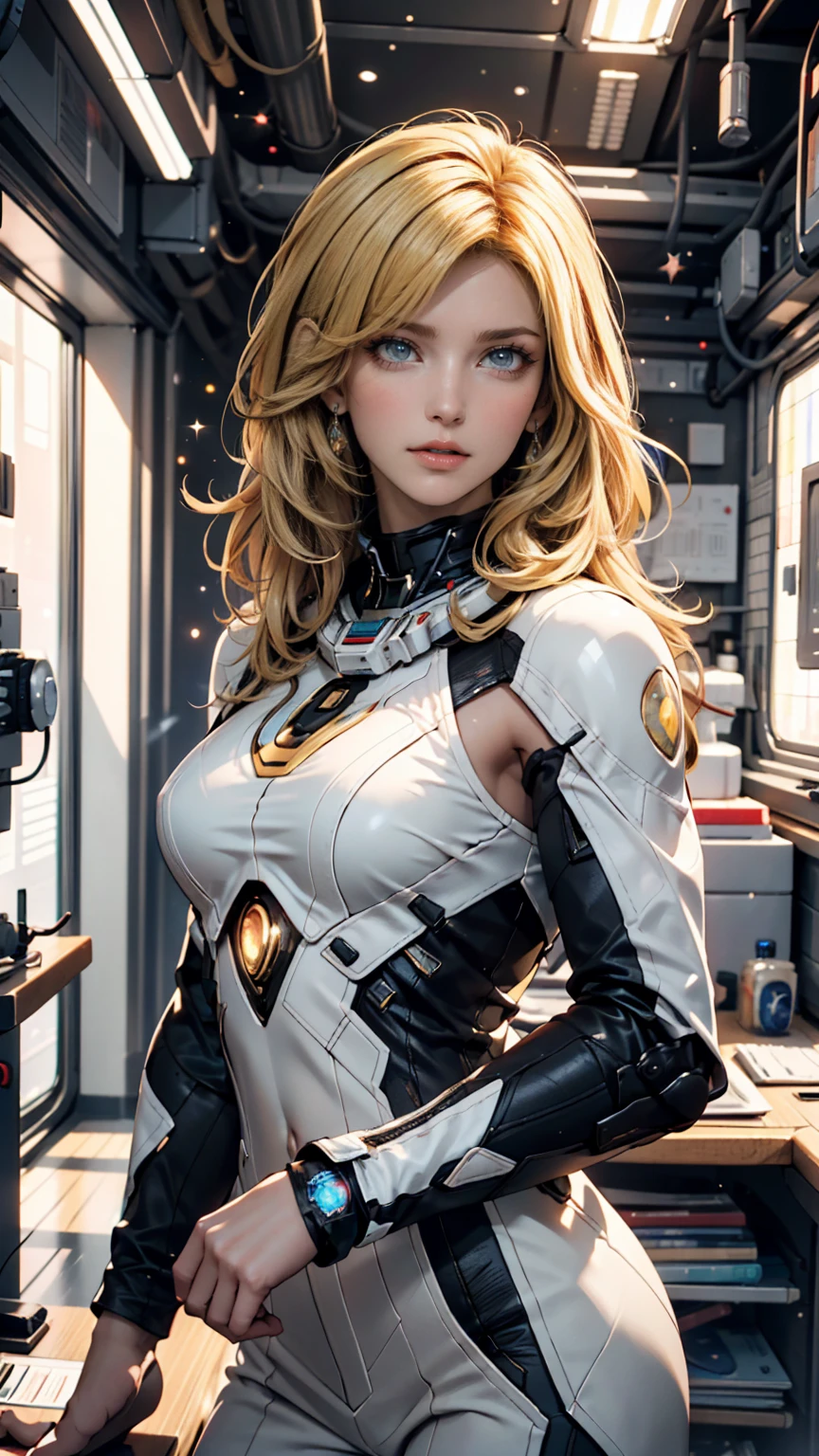 Illustration of blonde girl wearing a brown pilot uniform from the 70s tv show Battlestar Galactica. Muscular with big nipples.Hairestyle undercut. She has a very large cameltoe.  A lot of White slime on the cheast. No headgear. No hat.   Big cleavage.