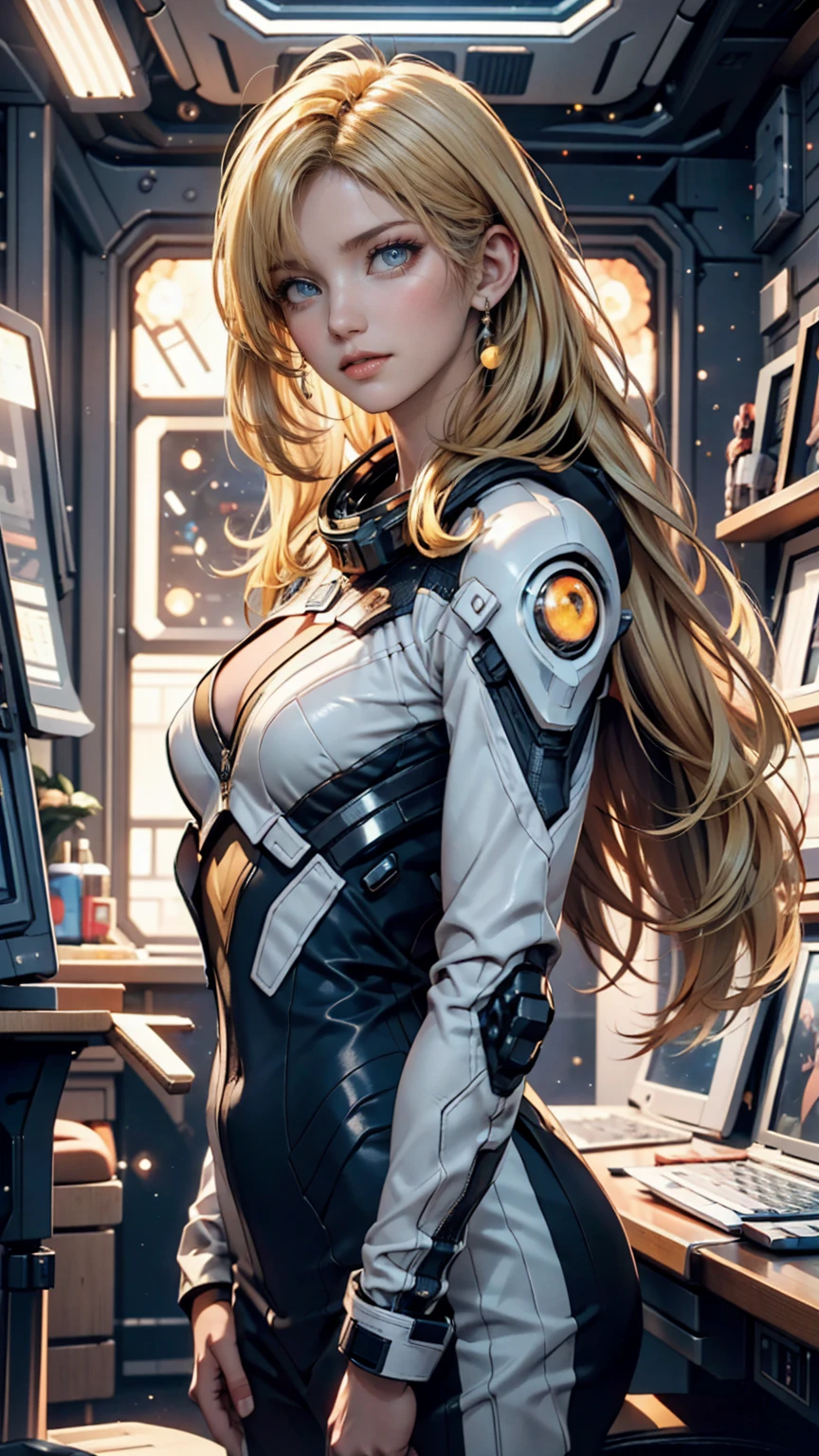 (highest quality、4k、8k、High resolution、masterpiece:1.2)、Super detailed、(Real、Photorealistic、Photorealistic:1.37)、SF、Portrait、treasure hunter、Ancient Ruins in Space、Beautiful Face、Ideal proportions、Big Breasts、(Holographic bodysuit、coat:1.4)、Beautiful long straight hair in a single braid、blonde、Dynamic pose、Dynamic angle、Bright colors、Studio Lighting、natural breasts、
