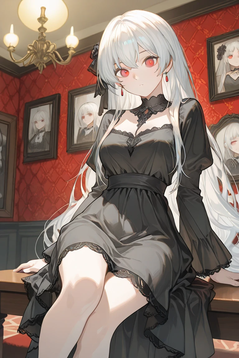шедевр、beste-Qualit、Official art、8k wall paper、very detailed illustration、One girl、Gray hair、Long straight hair、Detailed eye、(Interior of the old castle 1.2)、dimly lit by、(Gorgeous Gothic Dress 1.2)、((Dracula's daughter))、deadpan、Fair skin、(Clear 1.5)、Meek、Clothing、Bewitching