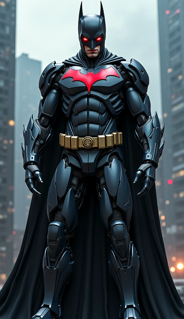 Batman in a black and red armor suit with various weapons and pipes coming out . muscular and big . night city background