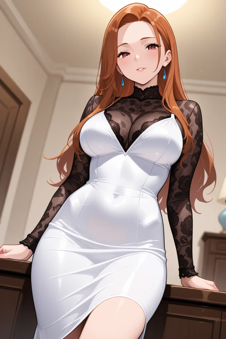 BREAK looking at viewer, BREAK (masterpiece:1.2), best quality, high resolution, unity 8k wallpaper, (illustration:0.8), (beautiful detailed eyes:1.6), extremely detailed face, perfect lighting, extremely detailed CG, (perfect hands, perfect anatomy),Miku Nakano, Miku Nakano Chick III, Long Hair, Bangs, Blue Eyes, Brown hair, Hair between the eyes,medium Breasts,skinny fit,long legs,thin legs,room,soft light,night,sexy lingerie,lace,pantyhose,full body,nipples see through,nipples,standing in middle.