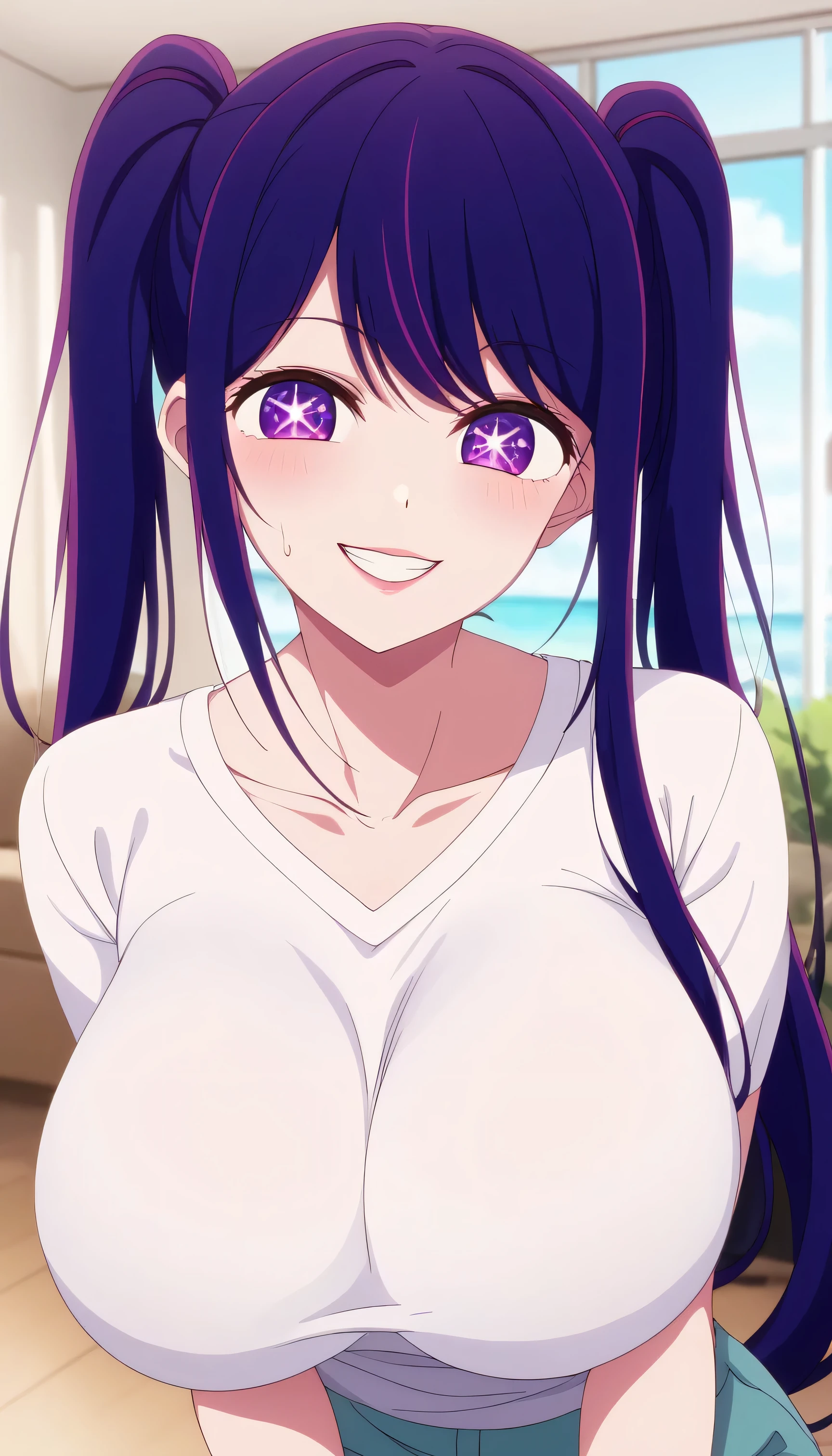 ai hoshino、super huge 、giant boob、 saggy 、woman、Huge chest、Big Breasts、Busty、 Sweatshirts 、Jersey、 living room 、smile、 Sexy Pose 、 showing off teeth 、 twin tails、long hair、bangs、purple eyes、 purple hair、symbol-shaped pupils、Big Eyes、 thick lips 、Wave、Lively、 bright 、Porn Image、