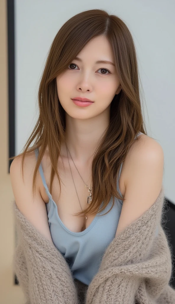 ((table top, highest quality, High resolution, , perfect pixel, 4k, ))), 1 girl, single, alone, Beautiful woman、(An angle where you can see the whole body)、 ((short wavy hair, bangs, brown hair)), ((brown eyes, beautiful eyelashes, realistic eyes)), ((detailed face, blush:1.2)), ((smooth texture:0.75, realistic texture:0.65, realistic:1.1, Anime CG style)), big breasts、soft chest、dynamic angle, perfect body, ((Female governess、I can see the underboob、Beige off-shoulder sweater、Dark Blue Flared Skirt、Black garter stockings、earrings、necklace、upward glance、shy smile、sit on the floor、、spread your legs apart、、、、Massage your chest with your hands、、))