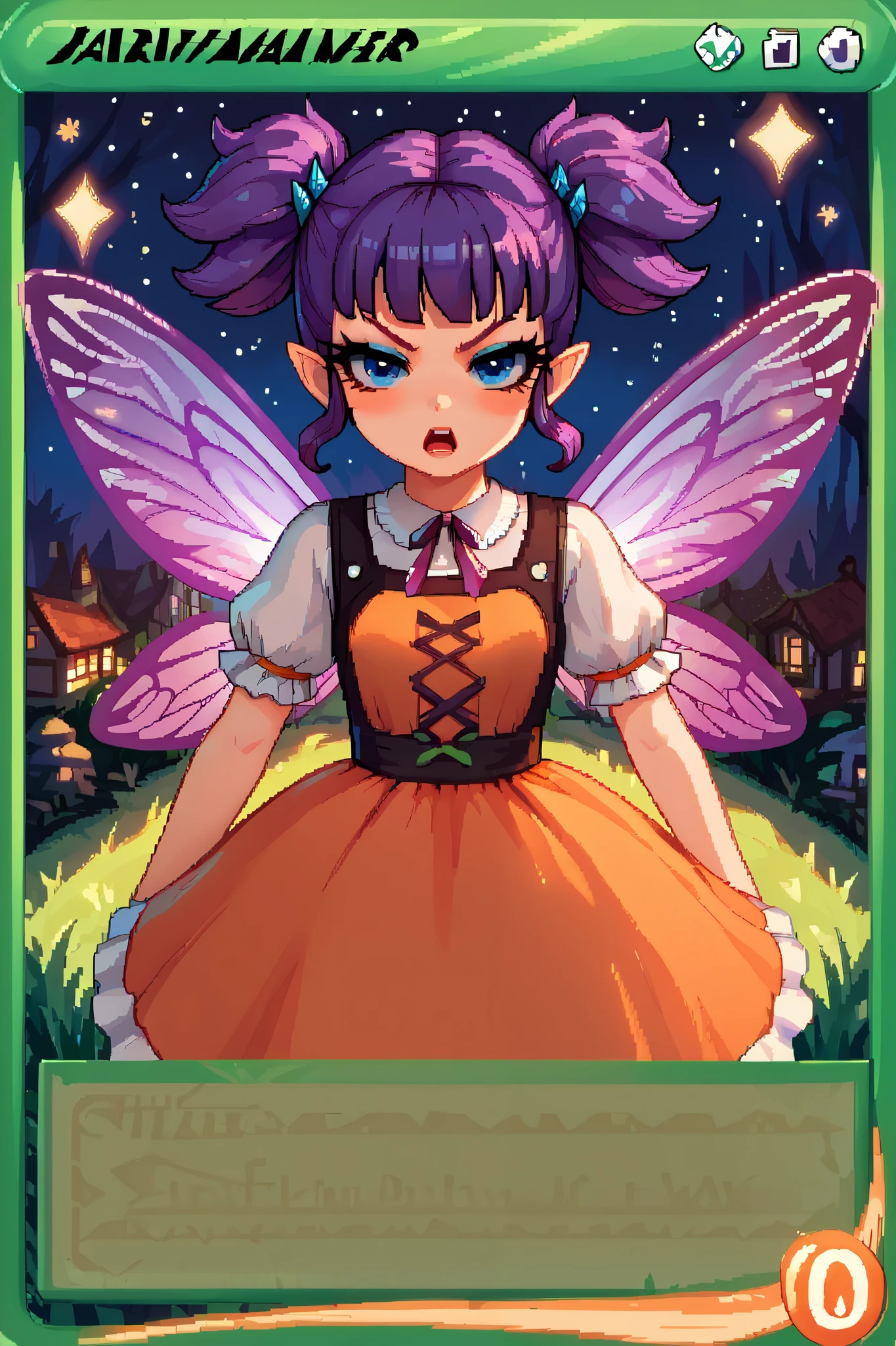 score_9_up, score_8_up, score_7_up, 1girl, solo, source_anime, pixel art, tr4dingcard, card (medium), english_test, common_rarity_icon, N, trading_card, white_trade_card_frames, fairy, FairyForm, Fairy Wings, Wings BREAK 

Short twintails, fairy wings, bangs, small breasts, purple hair, blue eyes BREAK 

Renaissance, dirndl, orange pinafore dress BREAK

Standing, looking at viewer, open mouth, glaring face, blush BREAK 

Outdoors, village town, grass, (night sky), starry sky BREAK 