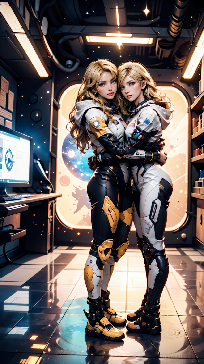 2 girls, futuristic, spaceship, lesbians, beautiful, flirty, window to space, planet in background High Resolution, Masterpiece, Best Quality, High Details, naked, breasts, detailed nipples, space suits, lights on space suit, Long Hair, space, stars, bottom, soft skin, attenuated light, luminous lights on suits, Blush, kissing, gently, erotic, very small breasts
