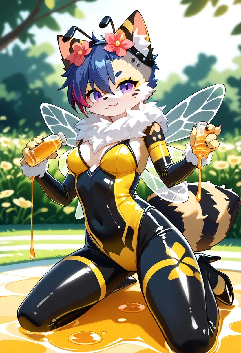 Highest quality, Highest quality, High quality illustrations, masterpiece, Ultra-high resolution, Detailed Background, honeycomb, Honey Pool, in the forest, Absurd, Perfect Anatomy, performance, Good lighting, Shadows in the movies(kemono, Furry Personifi猫ion), fox, male, Rubber Suit, Honey Latex, Honey lotion, neon, neonカラー, cyber punk, Bee costume, Bee Cosplay, Rubber bee tail, Bee Wings, enamel, Honey Pool, Honey lotionを浴びている, Covered in honey slime, Kneeling, Tattoo, High heels, null bulge, Dynamic Angle