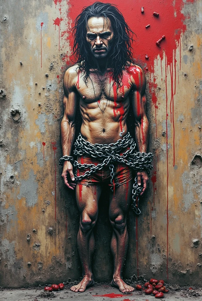 Human chained in a cross, but only in torso and the hands and behing the cross; front view, face full of rage and looking to us with bright eyes; beautiful man; caravaggio oil painting; realism; mid lenght hair; background with a lot of detail; inferior half body destroyed with legs destroyed; and blood; show hands becomings into fangs, and arms downs; the cross in stone with some ornament