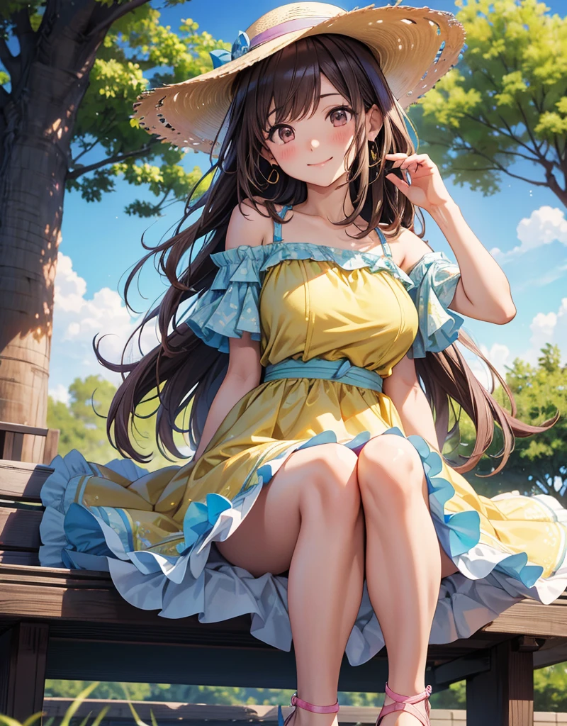 a woman,
{oily skin},{{kind face}},{{{{tareme}}}}, gentle personality, hourglass figure, rosy cheeks, smile, short yellow dress, beach hat,
accessories, jewelry, ornaments,
big chest, good morning,
beautiful legs, barefoot on the grass, long brown hair with curlers, simple park background, high quality, best quality, ultra detailed, ((extremely detailed)), 8K, beautiful, (beautiful detailed eyes), (shiny skin: 1.3 ), (perfect lighting), looking at the viewer
art cg, masterpiece, (anime image: 1.3), best quality, 8k, cute hands, perfect hands, perfect anatomy, dynamic angle,
high quality, best quality, ultra detailed, ((extremely detailed)), 8K, beautiful, beautiful lips, (beautiful and detailed eyes), (bright skin: 1.3), (perfect lighting, side lighting, light leak), viewer looking
