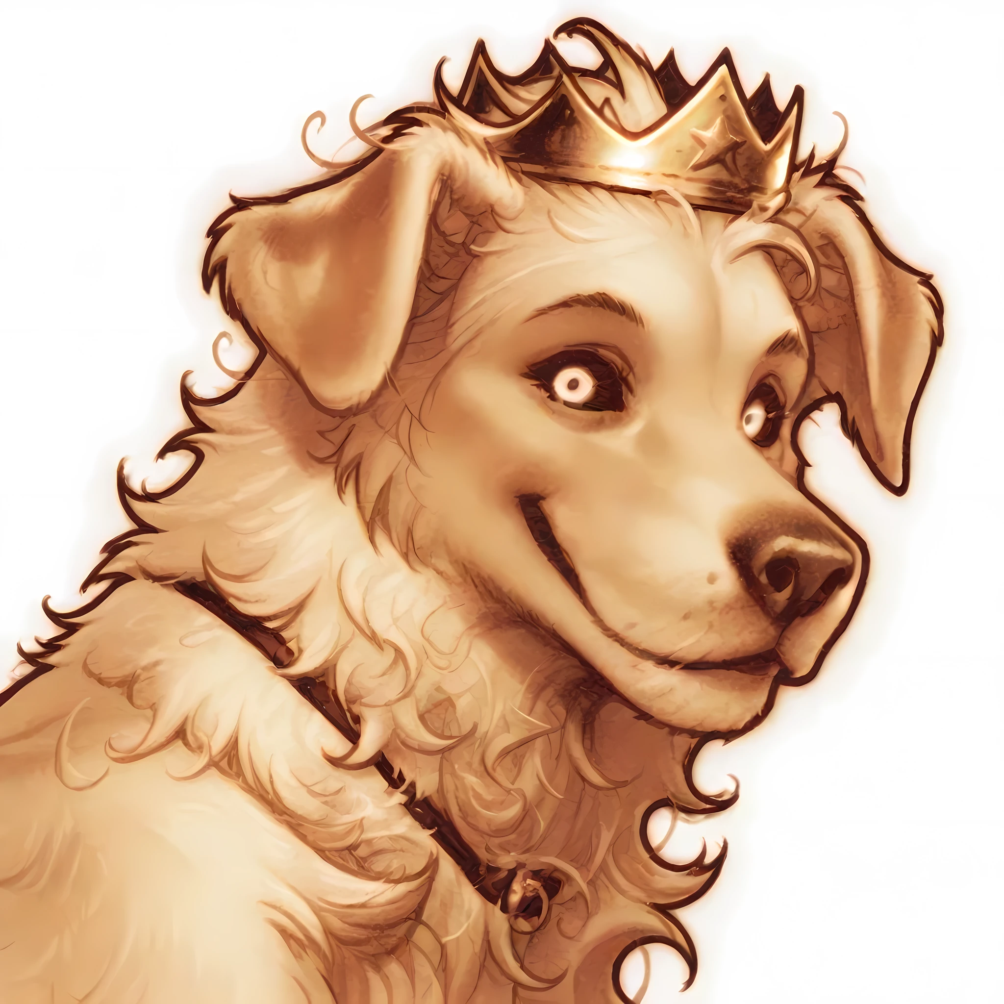 (masterpiece), white background
Solo, (anthro male golden retriever), portrait, white eyes, dark sclera, messy hair, short hair, ahoge, black ears, floppy ears, smile, handsome, beautiful, three-quarter portrait, crown
Amazing quality, very aesthetic, high resolution, ultra-detailed, absurdres, newest, detailed eyes, best quality, very detailed, highres