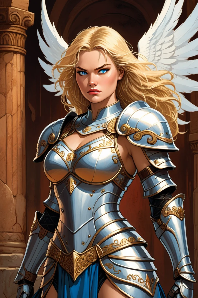 knight, young girl, sword holding , schield holding, angel, silver hair, blue eyes, portrait, 1character, full body, musclegirl , huge breast, tall female, portrait, full body, smile, pants