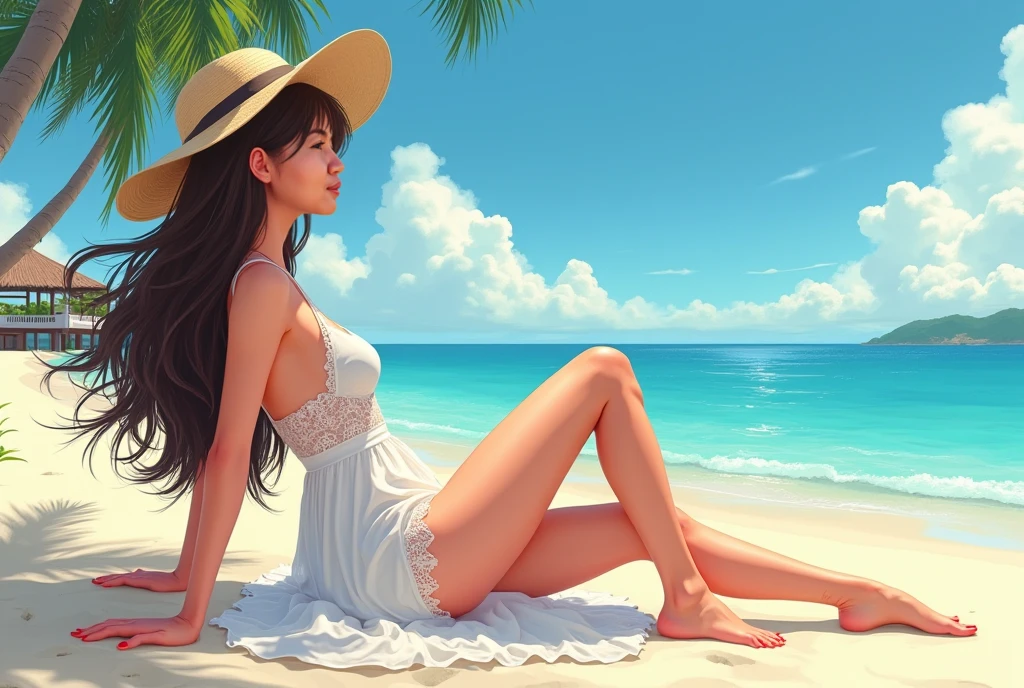Anime characters pose naked on bed with blue and white umbrellas, Guviz, Guviz-style artwork, Pisif 3DCG, WLOP and Sakimichan, trending on cgstation, sandbeach, Pisif, overwatch tracer in a bikini, Popular on Pixiv, Ilya Kuvshinov. 4 k''