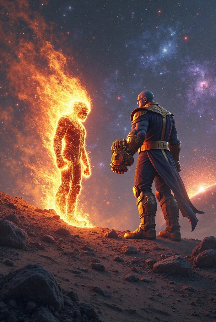 A skeletal commander clad in dark armor and wielding purple cosmic powers battles a golden superhero with solar powers in the middle of the universe.