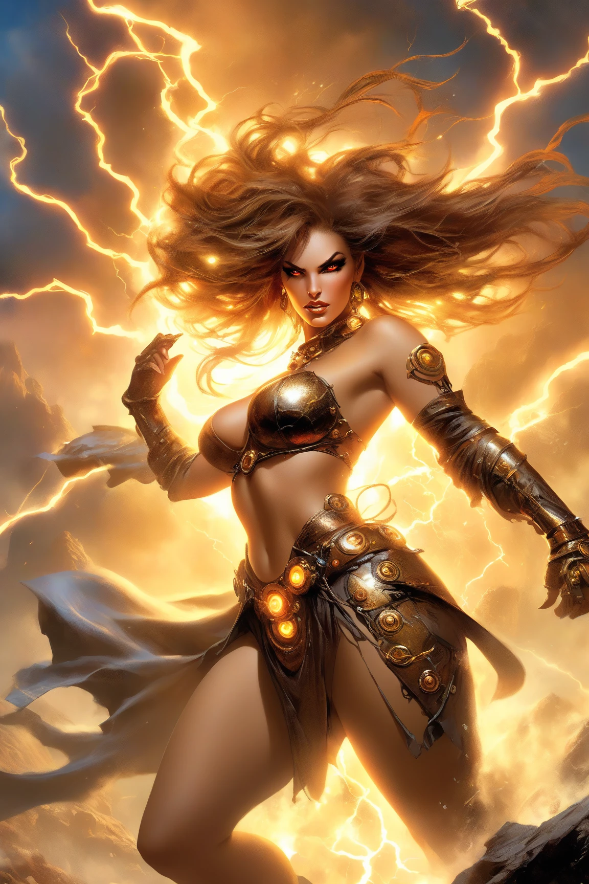 (best quality, masterpiece), (tarot, tarot card,:1.1), post-apocalyptic female warrior, in art style of Simon Bisley , Heavy Metal cover, Minimum clothing, scantily clad, black background, golden, glorious, epic background, epic vibe, in the style of Druuna