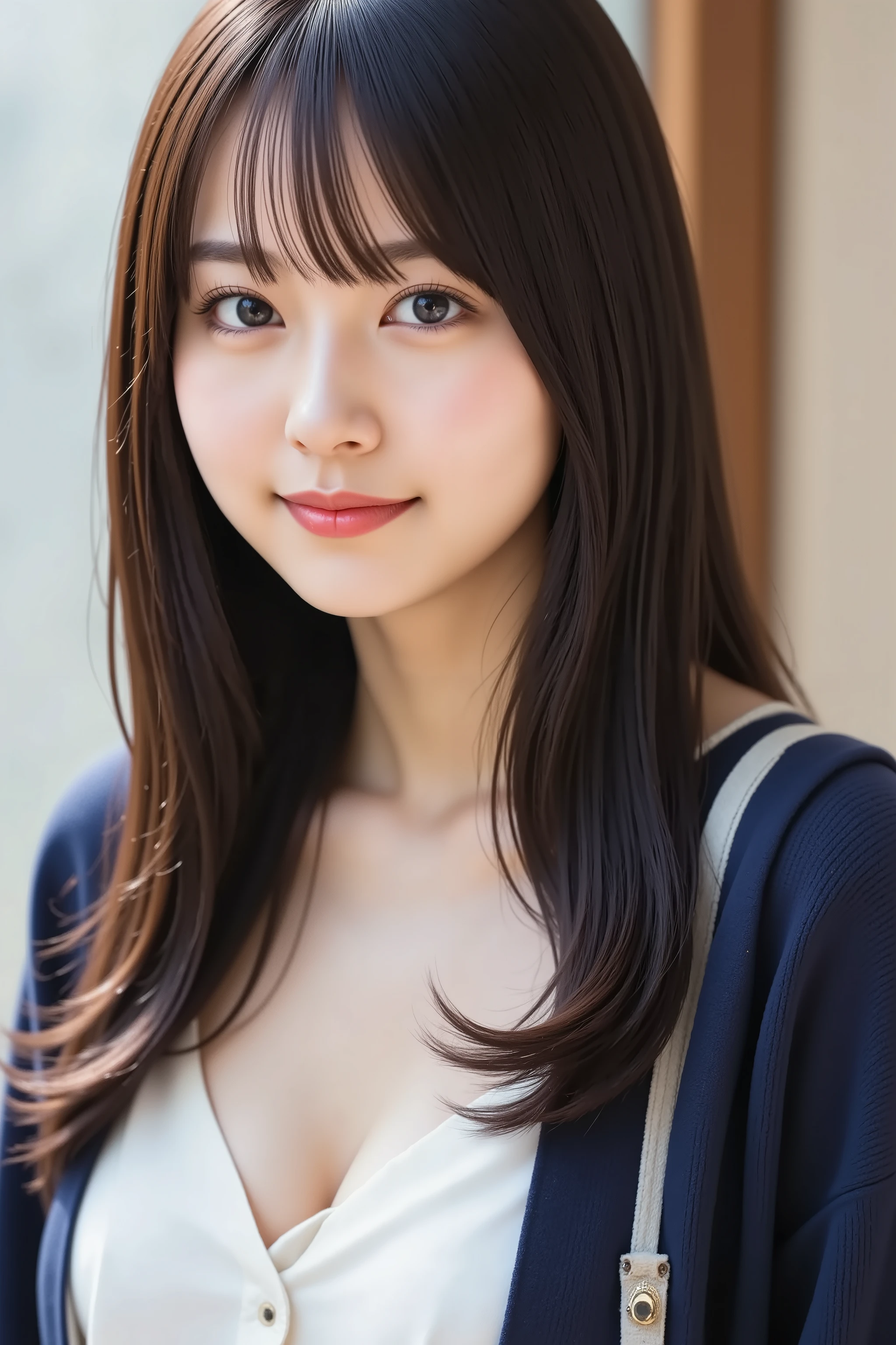 The face is positioned exactly in the center of the image , black hair , Tight Chest 、, the entire head is fully reflected , Face clearly visible、white blouse with open chest collar and navy jacket, Women's Room Background , long hair per person、bungs, smile, young and cute Japanese face , OFFICIAL ART, high image quality CG Unity 8k wallpaper,Ultra high image quality , very well detailed, high image quality , Filmgrain , Lens Flare Glow , top quality ,8k, as portrait shots ,8k, viewer , masterpiece,top quality ,very well detailed, it's cute ,sexy,very well detailedな,detailware features ,beautiful, illustration , beautiful Japanese woman, ladies 1