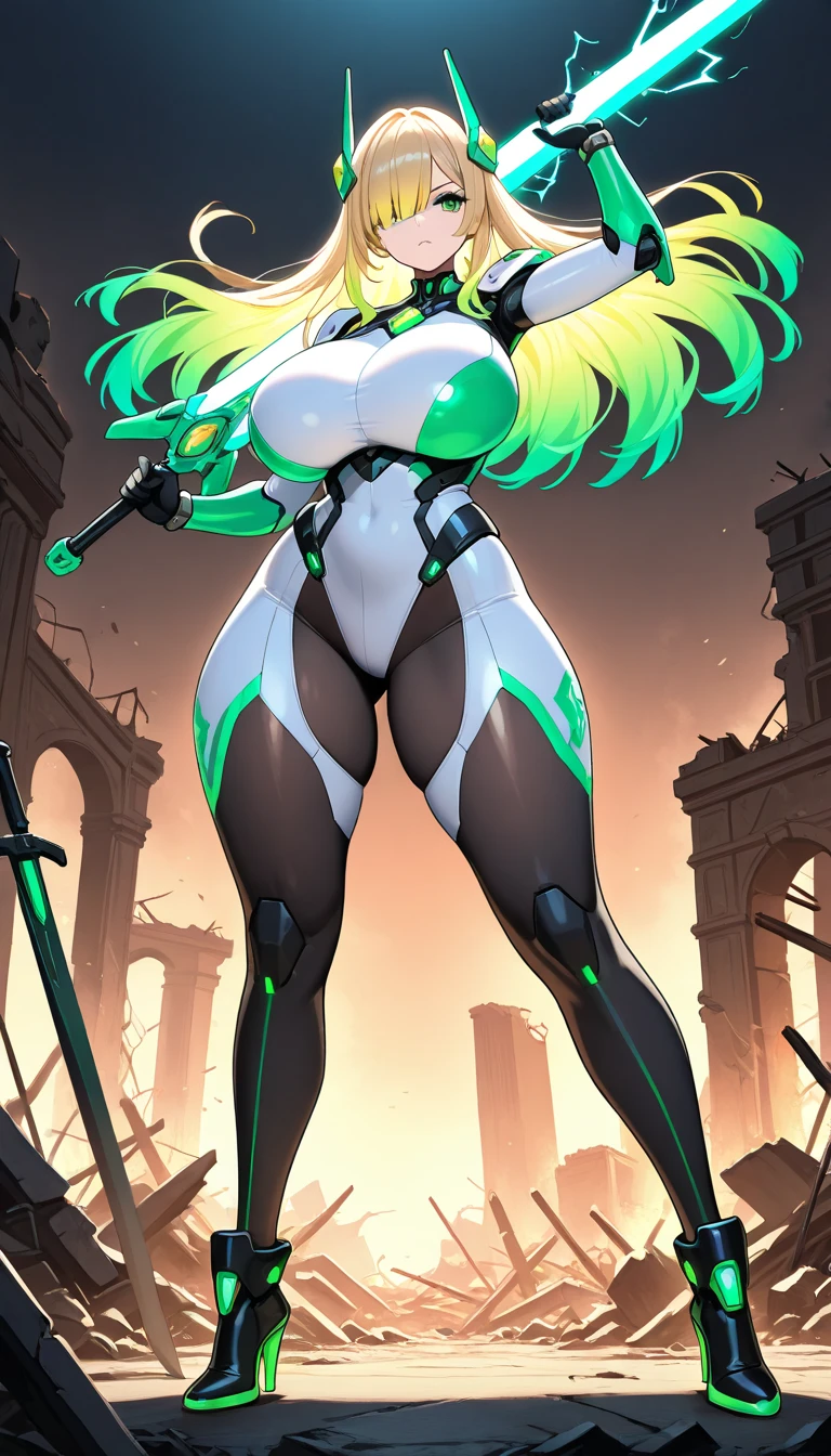 1girl, green eyes, blonde hair, long hair, large breasts, hourglass figure, bodysuit, white bodysuit, neon, neon trim, machinery, tech, science-fiction, futuristic, serious, standing, full body, ((full body)),, pantyhose, black pantyhose, wavy hair, fighting stance, drone, robot girl, shoes