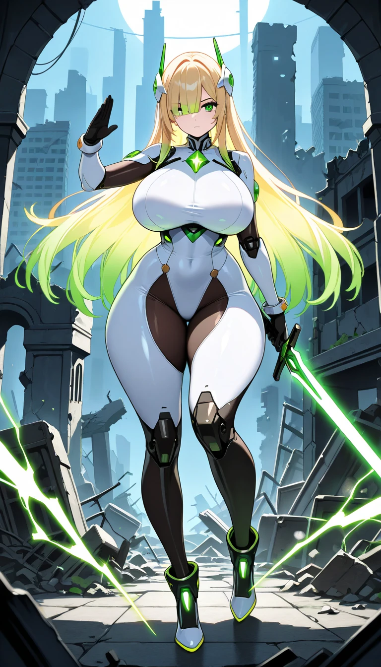 1girl, dark-skinned female, breasts, large breasts, wide hips, white hair, long hair, yellow eyes, smile, smirk, smug, sleeves, short sleeves, bodysuit, pantyhose, futuristic, science-fiction, neon trim, neon, full body, ((full body)), standing, green neon trim,