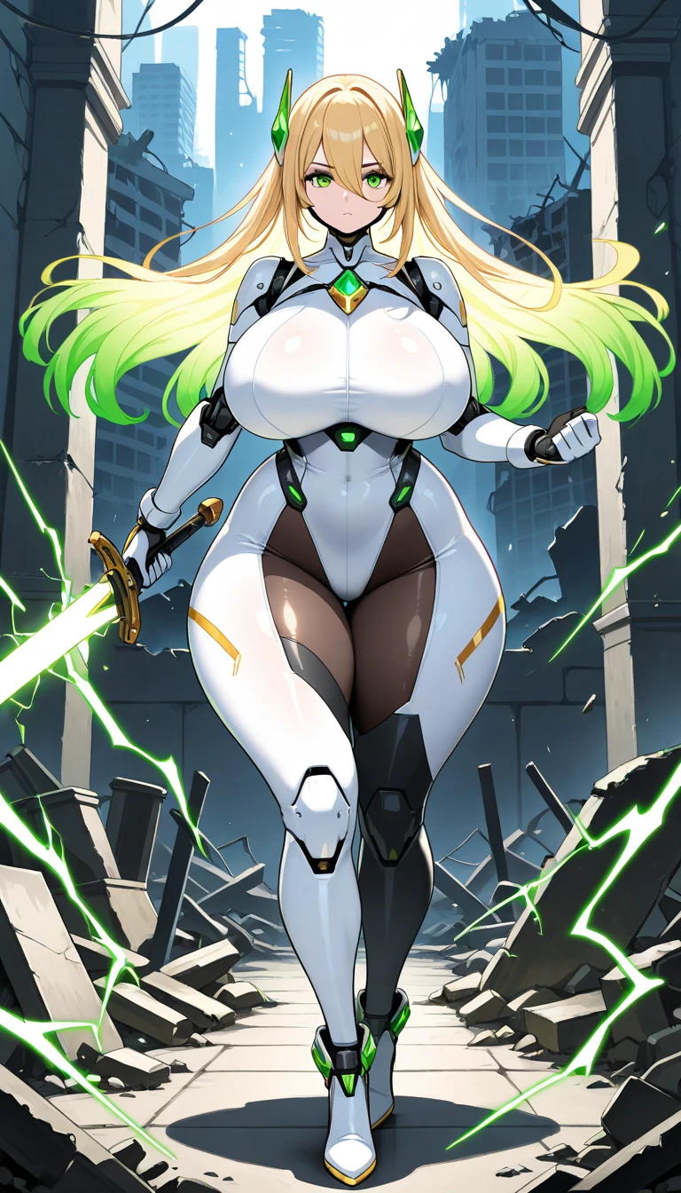 (Perfect body),((Tabletop, highest quality, High resolution, nsfw, Pixel perfect))、Anime Screen Capture、((Muscular))、((blush))、1 girl,(((Embarrassing、:d))),(((Huge breasts)))、((((Thick thighs、Big Ass、Wide Hips))))、((Blonde Hair))、(((Drill perm、Long Hair)))、(((Red and white sci-fi suit、Open-chested clothing、Ruffled leotard、White knee socks))、Cyborg Armor、(((Green Eyes)))、Building roof、Noble、((Lady))、