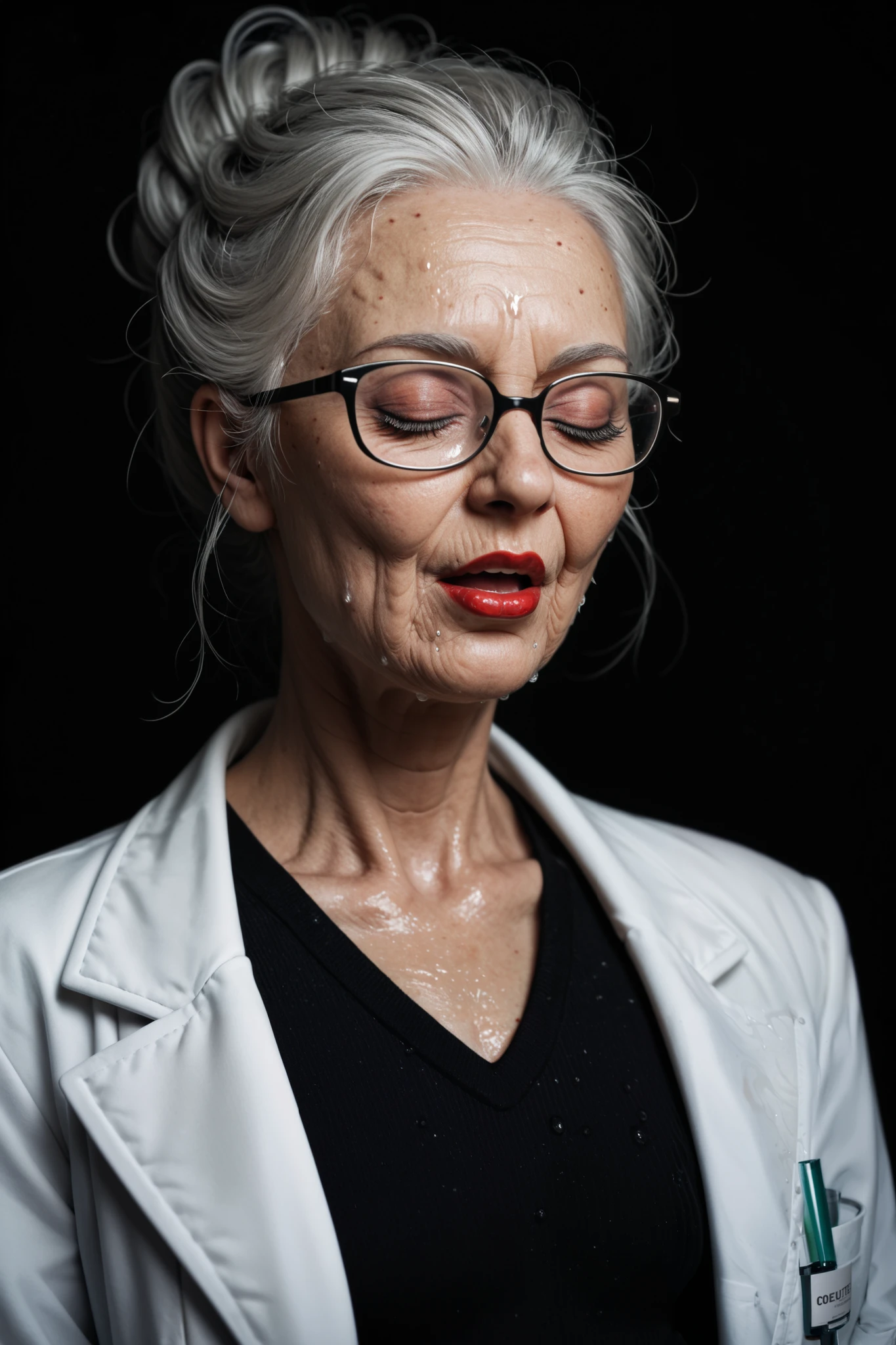 score_9, score_8_up, score_7_up, black background,  elderly scientist_bobcuthair, lab coat,eyes closed, black rimmed glasses, gray pants, black turtleneck sweater,breathing haird, eyesclosed, sweaty, mouth open wide, big eyes_blue, frail_thin body, flat , red lipstick, red fingernails
