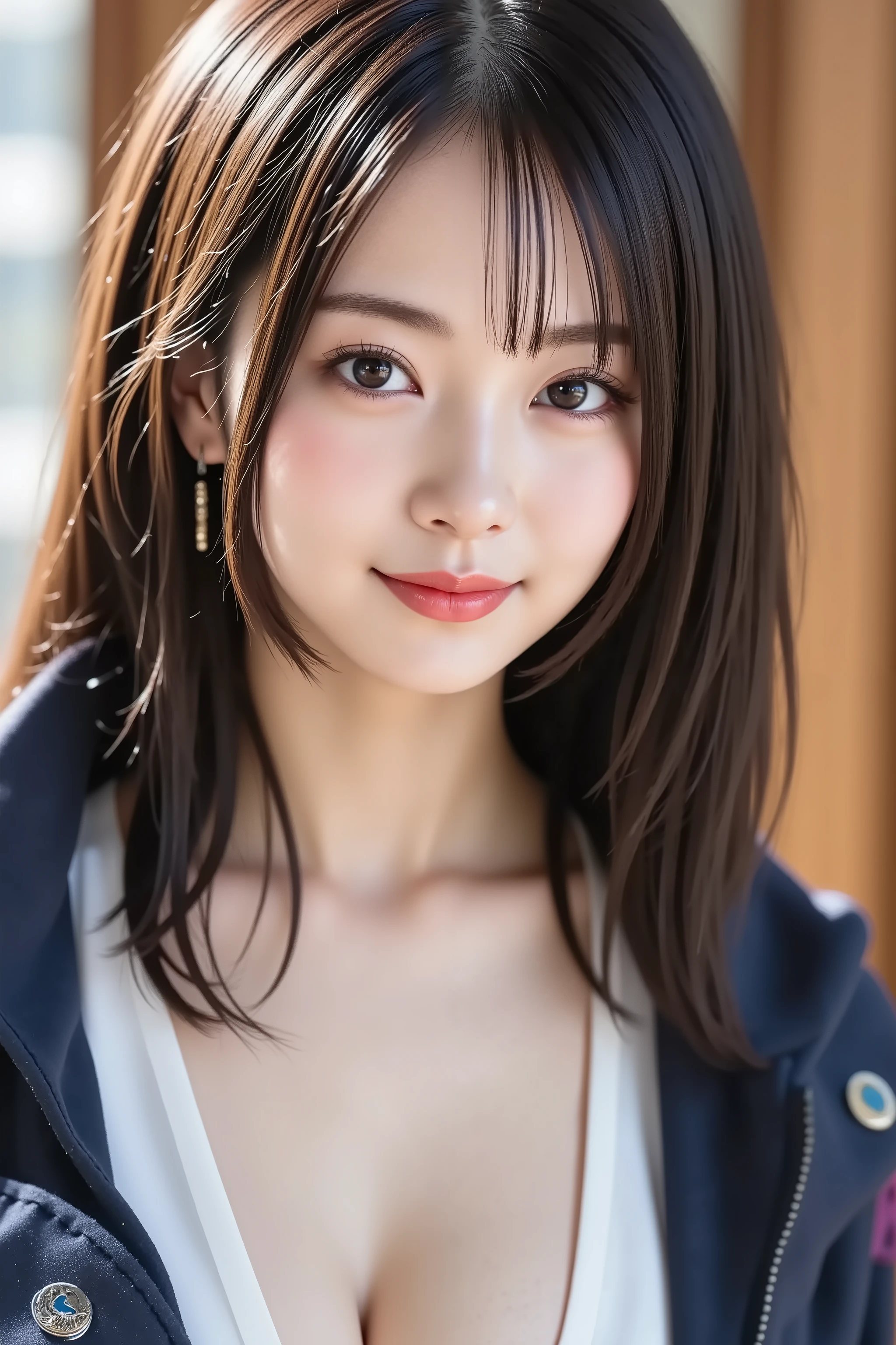 The face is positioned exactly in the center of the image , black hair , Tight Chest 、, the entire head is fully reflected , Face clearly visible、white blouse with open chest collar and navy jacket, Women's Room Background , long hair per person、bungs, smile, young and cute Japanese face , OFFICIAL ART, high image quality CG Unity 8k wallpaper,Ultra high image quality , very well detailed, high image quality , Filmgrain , Lens Flare Glow , top quality ,8k, as portrait shots ,8k, viewer , masterpiece,top quality ,very well detailed, it's cute ,sexy,very well detailedな,detailware features ,beautiful, illustration , beautiful Japanese woman, ladies 1