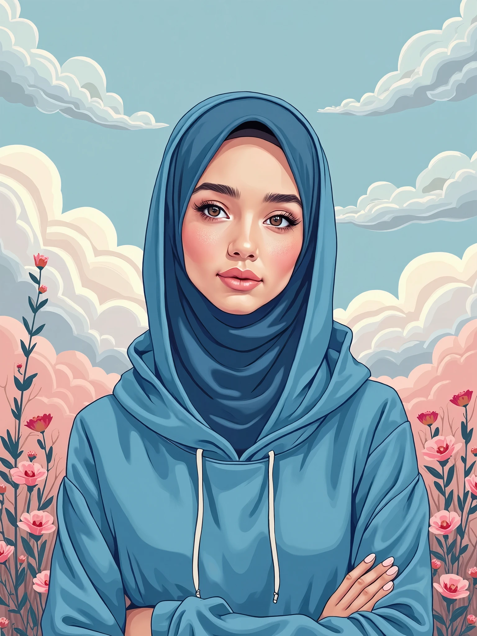 anime drawing style, profil picture, Arabic Woman with kaki green hijab, eyes closed , not smiling, dark galaxy background, without makeup, with no hair visible