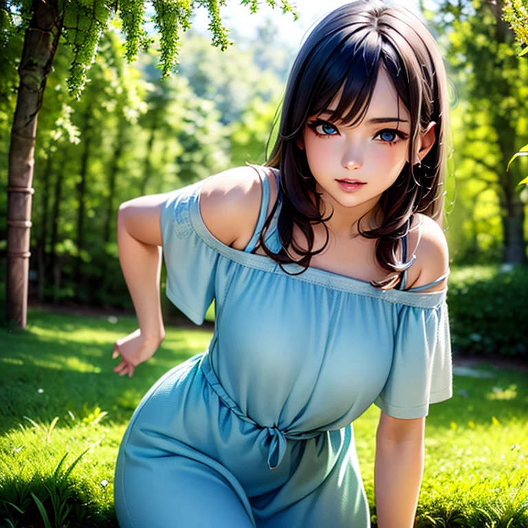 #Basics A girl is posing for a photo, (((One Girl))), (((Baby Face:1.4)) + ((cute:1.4)) + ((15 years old))), 
break 

#Clothing Accessories 
(((Blue knit sweater dress:1.4) : (Sleeveless high neck) + (Shiny) + (Tight fit at waist) + (Gold Belt) + (Sheer青のエルボーグローブ)), ((Black Pantyhose:1.4) : Shiny + (Sheer) + (Low denier)), (Shiny黒ハイヒール)), 
break 

#Features 
((Blonde)), ((blunt bangs:1.5)), ((Chest-length sideburns:1.4)), (((Straight Long Hair) : Long Hair + Voluminous Hair + Straight hair)), 
((Droopy eyes:1.4, Big eyes:1.2), blue eyes), 
break 

#background environment 
((noon, garden + Promenade)), 
#Facial Expression Pose  
((smile, blush), (Squat down and spread your legs wide)), 
#composition 
((Face the camera, (Angle from below), (full body))), 
break 

#Body parts elements 
(Slim figure), 
(Detailed Hair, Beautiful Hair, Shiny Hair), 
(double eyelid, Long eyelashes, Thin eyebrows:1.4), 
(Expression of fine eyes, Beautiful and delicate eyes, Sparkling eyes, Eye Reflexes, Glitter Eyeliner), 
(Human Ear), 
(Beautiful Nose, Thin Nose), 
(Shiny唇, Beautiful Lips, Thick lips), (Symmetrical facial features), 
(Detailed skin, Textured skin, Beautiful Skin, Oily skin), 
break 

#Quality Image Quality Common 
(((Highest quality)), ((masterpiece)), ((Very detailed))), ((Ultra-high resolution)), ((16K, 1080P)), ((Full HD)), 
(Anatomically correct), (Realistic), (3DCG), (Oil painting), 
((comics, anime)), (CG illustration), (RAW Photos), 
