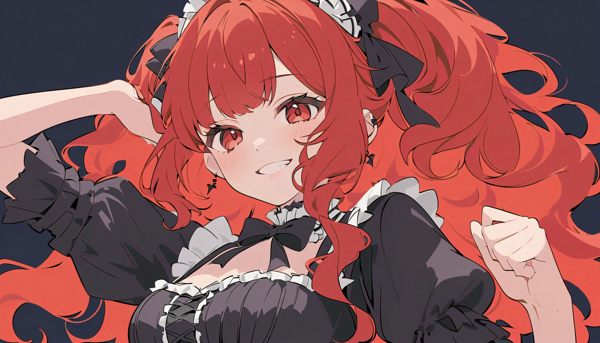 flat color,
1girl, solo,
red hair, wavy hair, red eyes,
grin, dancing, upper body, from below, looking down,
gothic ta fashion,
simple background, dark background,