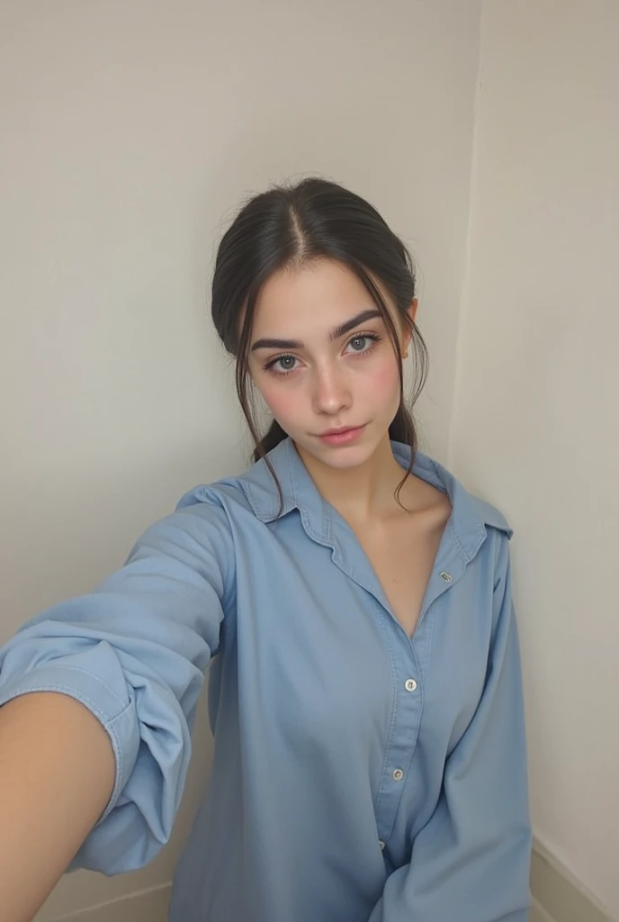 Selfie, Ultrarealistic, 17 year old teen girl, pretty face, white skin, dark brown hair, wearing a blue tshirt, upper body, (selfy with front camera), in bedroom