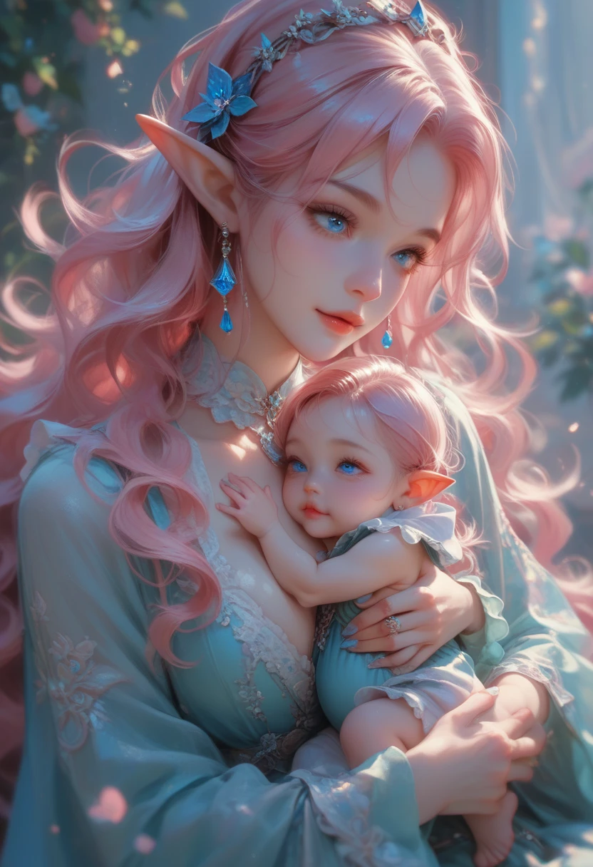Elf woman with purple hair, with black horns, lavender fantasy skin, fuchsia pink eyes (medieval style queen clothes and shiny crown), elegant pose, looking at camera, sitting on an elegant chair, holding a male human baby one year old, purple hair, RAF blue eyes, wearing prince's clothes, hugging his mother, detailed, daytime, sun rays, ultra detailed photography, 4k quality lighting, high resolution, masterpiece, anime style.