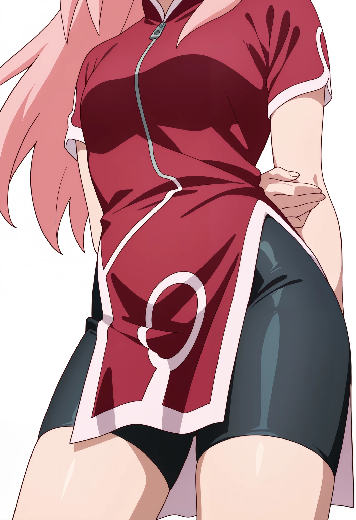 masterpiece, best quality, very aesthetic, absurdres BREAK
1girl, haruno sakura, pink hair, long hair, green eyes
red shirt, red qipao ,zipper, short sleeves, bike shorts
hands behind back, smile, , looking at viewer, solo, simple background, white background, anime screencap, anime coloring