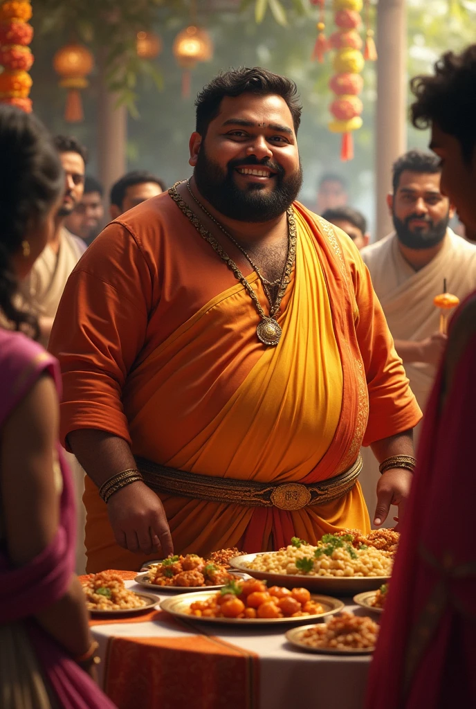 Kerala king Maveli
Using mobile, bluetooth speaker
Happy with party
Belly fat body
Cooling glass