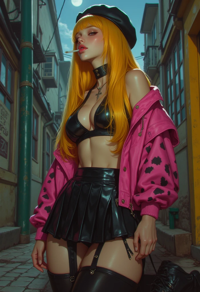 (Best quality, 8k, 32k, Masterpiece, UHD:1.2), (Best quality, 8k, 32k, Masterpiece, UHD:1.2), "Transform the image into a scene set in Akihabara, Japan, featuring a cosplayer standing next to a vibrant graffiti wall inspired by anime and manga.

Capture the bustling energy of Akihabara's streets, with neon lights and colorful billboards illuminating the background. Place the cosplayer in the foreground, dressed in an elaborate costume that pays homage to a beloved anime or manga character.

The graffiti wall behind the cosplayer serves as a striking backdrop, adorned with bold and expressive artwork depicting iconic scenes and characters from various anime and manga series. Incorporate dynamic compositions and vivid colors to bring the graffiti to life, evoking a sense of creativity and passion.

Surround the scene with elements that reflect the unique charm of Akihabara, such as street vendors selling anime merchandise, bustling crowds of otaku enthusiasts, and glimpses of iconic landmarks like the Akihabara Radio Kaikan building.

Use lighting effects to enhance the atmosphere, with soft illumination highlighting the cosplayer's costume and casting dramatic shadows against the graffiti wall. Capture the excitement and enthusiasm of the cosplayer as they pose for photos, embodying the spirit of anime fandom in Akihabara."