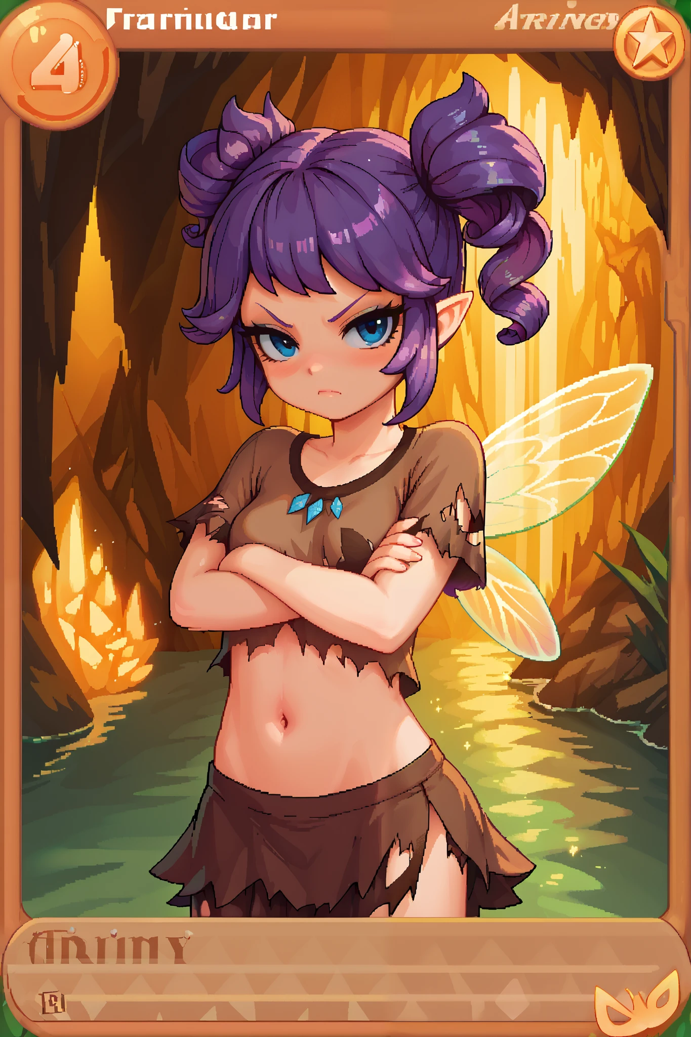 score_9_up, score_8_up, score_7_up, 1girl, solo, source_anime, pixel art, tr4dingcard, card (medium), english_test, common_rarity_icon, N, trading_card, white_trade_card_frames, fairy, FairyForm, Fairy Wings, Wings BREAK 

Short twintails, fairy wings, bangs, small breasts, purple hair, blue eyes BREAK 

Barbarian clothes, brown shirt, torn sleeves, short sleeves, navel, brown skirt, torn skirt BREAK

Standing, looking at viewer, crossed arms, , closed mouth, glaring face, blush BREAK 

Outdoors, cave interior, lake, (yellow cave)