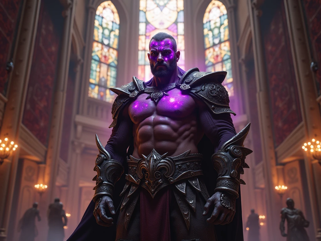 realistic, masterpiece, best quality, cinematic lighting, natural shadow, highest detail, professional photography, detailed background, depth of field, insane details, intricate, aesthetic, detailed face, subsurface scattering, realistic hair, realistic eyes, muscular, masculine, large pectorals, pectorals, abs, handsome extremely powerful (man:Julian McMahon:Cole Turner:0.5) posing in a moody demonic evil catholic cathedral, darkpriest, maroon robe, armor, cape, gloves, torn clothes, jewelry, necklace, chain, (spikes:0.5), magic, fire, hood, healed battle scars, religious iconography, Christian symbols, pyromancer, dynamic pose, fighting stance