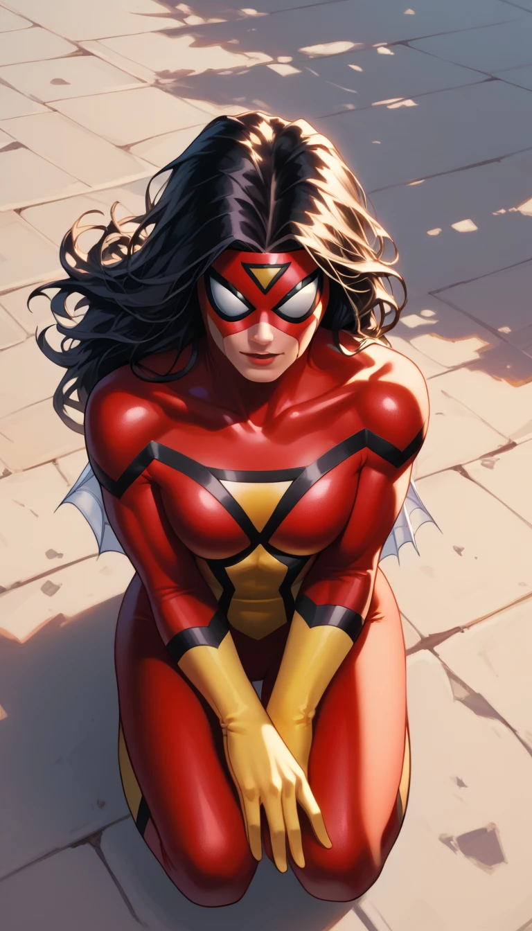 Obra maestra, La mejor calidad:1.2), ((muscular:1.5)) ((hembra:1.5)),tetona,curva, ((Black suit in shiny latex)), sexy, Grande_Tetas,(Pintura digital: 1.4), Una hermosa mujer con un disfraz de Spider-Woman, Frente al espectador, De pie en un edificio, Antecedentes urbanos, La mejor obra maestra, Muy alto detalle, realista, 8k, (triangle on his mask and costume)