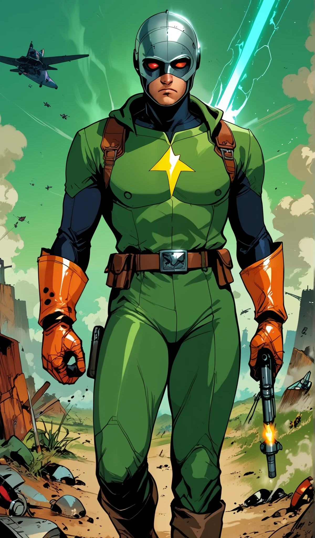 Drawn in 80’s anime art style.
Retro anime. Vintage Anime. Classical Anime.
The outfit is a highly recognizable and iconic superhero suit, primarily green and black, designed for both style and functionality. Here’s a detailed breakdown of its elements:
This person’s combat attire is a fusion of medieval warlord aesthetics, cutting-edge technology, and dark sorcery. He wears a cold, expressionless metal mask fused to his scarred face, paired with a reinforced helmet for added protection. His titanium alloy armor, sometimes infused with vibranium, grants superhuman strength, energy projection, and force field generation, making him nearly indestructible. Over this, he dons a fire-resistant green cloak and hood, often enchanted for extra defense. His gauntlets and boots contain built-in electrical weapons, jet propulsion for flight, and shock-absorption systems. A utility belt holds advanced gadgets, anti-magic tools, and teleportation devices, while his armor is infused with sorcery, allowing him to resist and counter magical attacks. His regal golden clasps, bearing the Latverian insignia, sometimes function as power sources or communication devices. This fearsome combination of strength, science, and sorcery makes them an unstoppable force on the battlefield.
This outfit not only provides protection but also enhances the Superhero’s combat capabilities, making them an effective and stylish anti-hero.