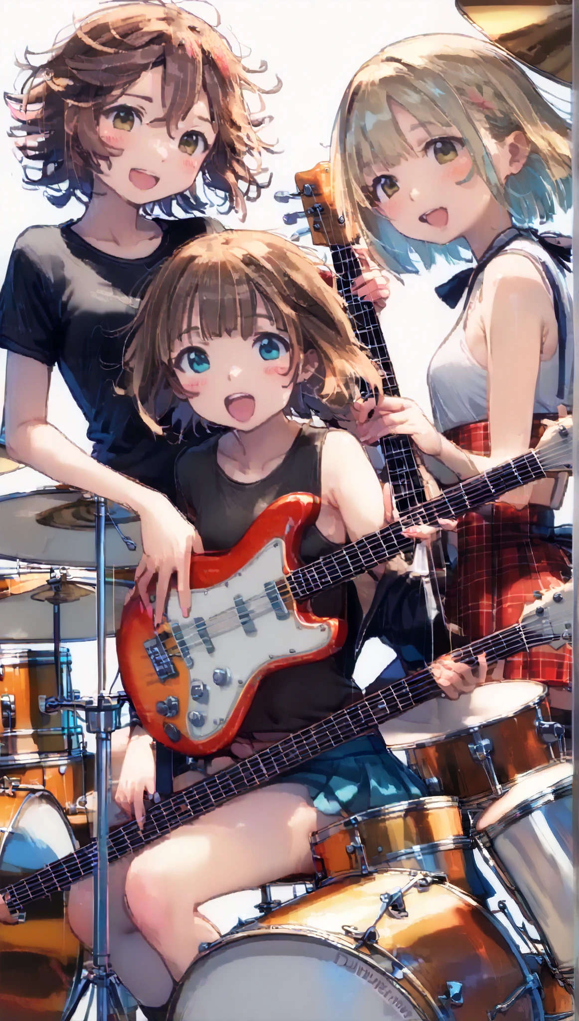 top quality、masterpiece、Unique camera angles、anime girl band、(((Threesome girls :1.7、Girl band with three girls)))、break,(((Funky girl with long drums hair:1.7)))、(((Girl with a guitar blonde short bob:1.37)))、(((Brown haired girl with bass short bob:1.37)))、 trite 、cute girl band