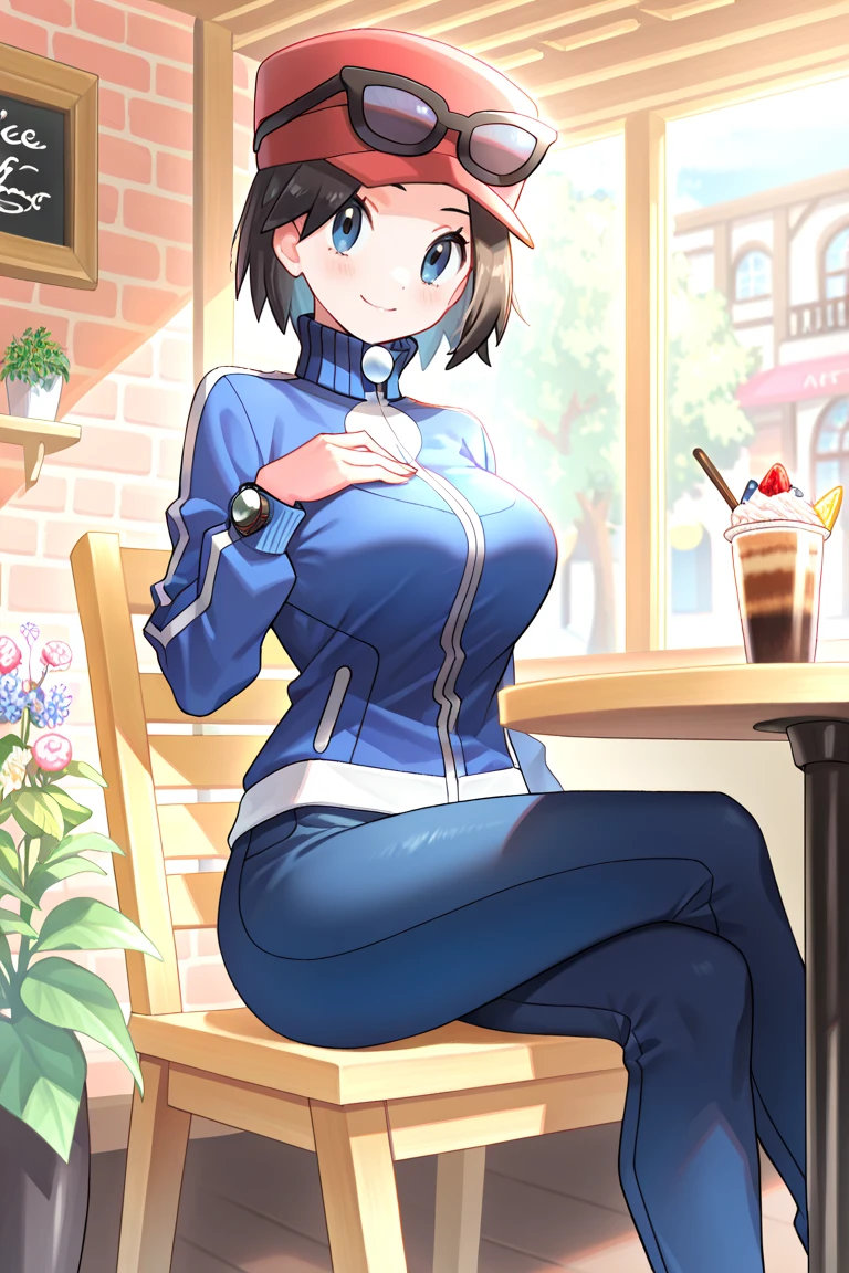 masterpiece , best quality , amazing quality , very aesthetic , absurdres , newest , scenery ,solo_focus,looking_at_viewer,smile,closed_eyes,(1girl:1.2),(genderswap_(mtf):1.1),Calem,calem_(pokemon),red_cap,sunglasses,sunglasses_on_head,black_hair,short_hair,(large_breasts:1.2),blue_jacket,blue_zip-up_jacket,blue_zip-up_jacket_with_white_stripes_on_the_arms_and_a_white_circle,blue pants,sitting,crossed_legs,hand_on_own_cap,hand_on_own_chest,dappled_sunlight,cafe,on_chair,flower,indoors,vulgarity,masterpiece , best quality , amazing quality , very aesthetic , absurdres ,newest,scenery,indoors,