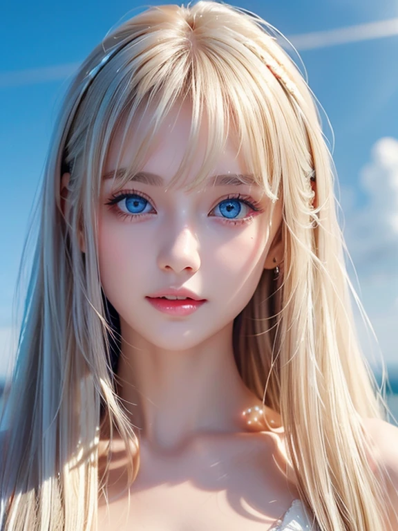 The pieces fly, Highest quality, figure, Very detailed, The finer details, High resolution, 8K Dende wallpaper, Perfect dynamic composition, Detailed and beautiful eyes, dress, Super long platinum blonde straight silky hair,Bangs that flow between the eyes、 Hair above the eyes on the chest, Natural color lip, Random sexy poses,A shy smile,Beautiful 15 year old girl,Cute type、Her big, bright cream ice blue eyes shine beautifully.、Very big eyes、Cheek highlighter、Very white and beautiful skin、Glowing Skin、Small Face Girl、Round face