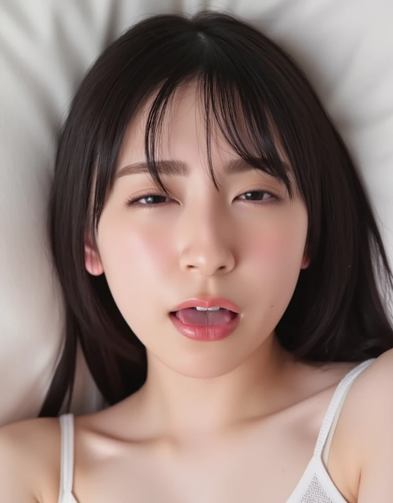 Bathrobes,bare shoulder,(open mouth:1.5),(tongue out:2),lying,hand between legs,overhead shot,side view,face focus,(1girl,Beautiful 14 year old girl,teenager),((Slender,Small breasts,Small face,)),(looking at viewer),Black Hair,bangs,one side up,Beautiful and detailed,(Dimly lit room:1.5),White bed,pillow,Mischievous smile