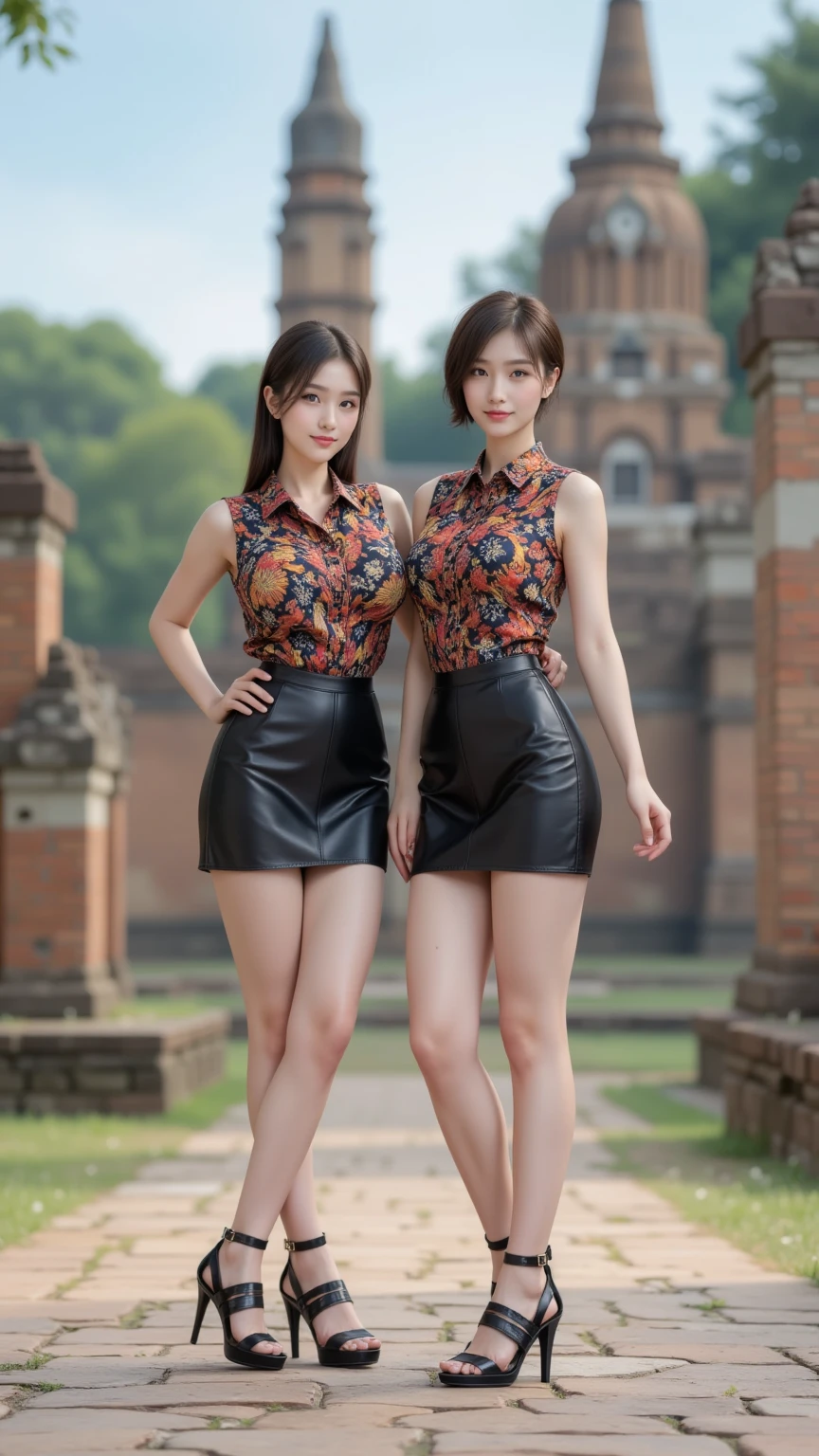 a woman dressed in a short skirt standing in a shady area having something in her hand, 1girl, solo, ass, brown hair, realistic, underwear, panties, high heels, looking back, panty pull, brown eyes, emerald tiara, Green Pearl Necklace, Boyish very short green hair, lipsticks, Japan woman smiling, very short short hair,  big breasts beautiful, Green eyes, Long green gloves made of satin material, Green eyes, Emerald Earrings, green vale, Heart with both hands
