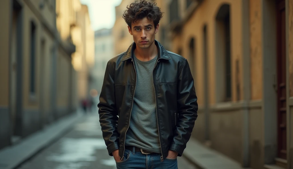 a rustic boy, 25 years old, curly curly hair, lightbrown eyes, male pose standing in a dark alley, mysterious lighting, Muscular Physique, looking at the camera, anger, jaket