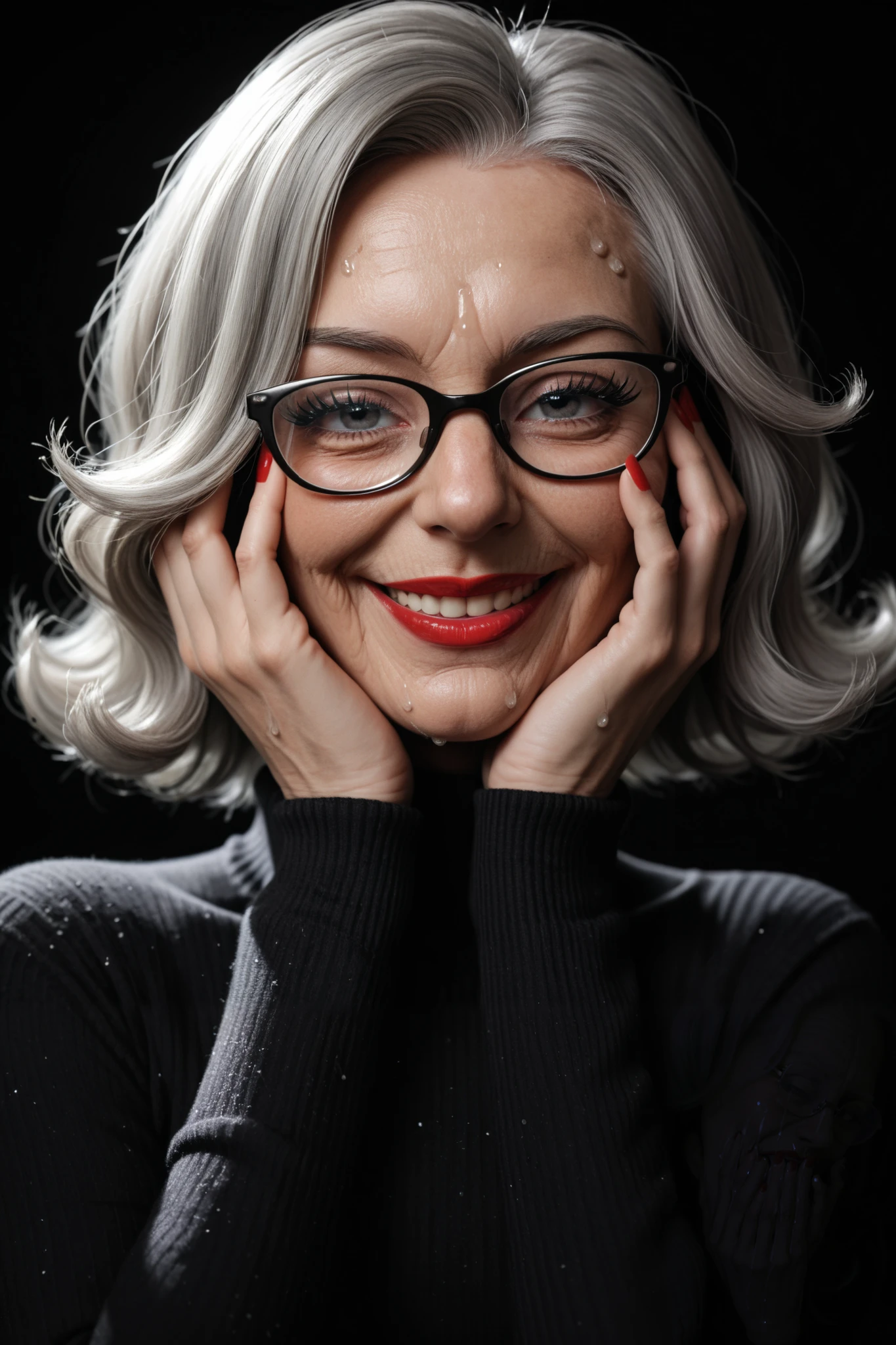score_9, score_8_up, score_7_up, black background, elderly scientist_shoulderlength hair, (gray hair with slight brown), long eyelashes, hands on face, deep pleasure smile, eyes closedr, black rimmed glasses, gray pants, black turtleneck sweater,breathing haird, , sweaty, mouth open wide, big eyes_blue, frail_thin body, flat chest, red lipstick, red fingernails