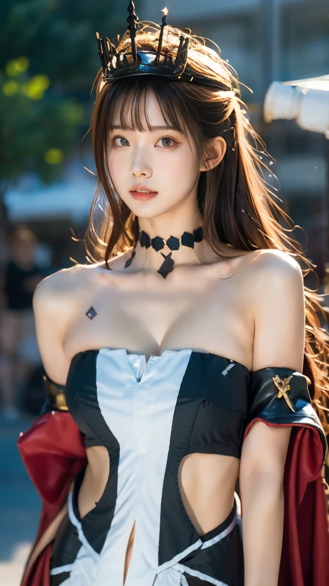 (ultra-realistic realism), (illustratio), (A high resolution), (8K), (The is very detailed), (Best Illustration), (Beautifully detailed eyes), (top-quality), (ultra - detailed), (tmasterpiece), (HD Color), 1 girl, ((24 years old girl)), (A detailed face), solo, 1 girl in, looking at viewert, finedetail, A detailed face, in the darkness nigth, deep shading, low tune, pureerosfaceace_V1, A smile, black shawl ,straight hair, 46-point diagonal bangs, (beautiful stomach, strips), (shining ribbon:1.5), (cropped shoulders), (in the park:1.5), lake, ((dancing pose)),