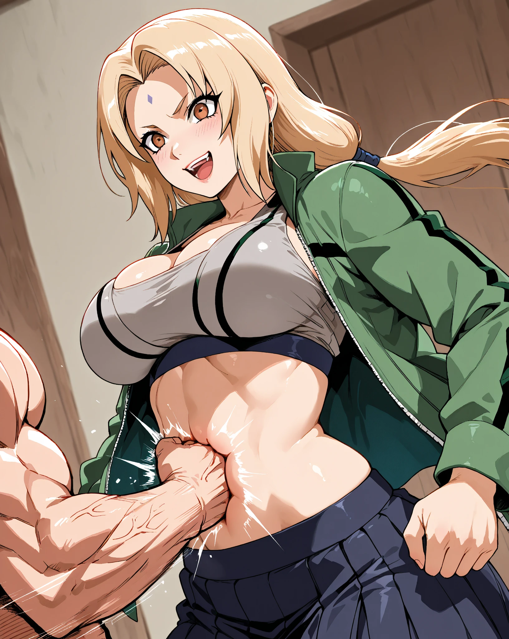 thick body female wearing open tsunade robe and open tsunade jacket (show breast and nipples hanging out), standing up from big tsunade chair angry and blushing slams hand down on office table bouncing breasts up motion lines, nsfw, show panties, male grabbing breast from behind and tongue kiss main character