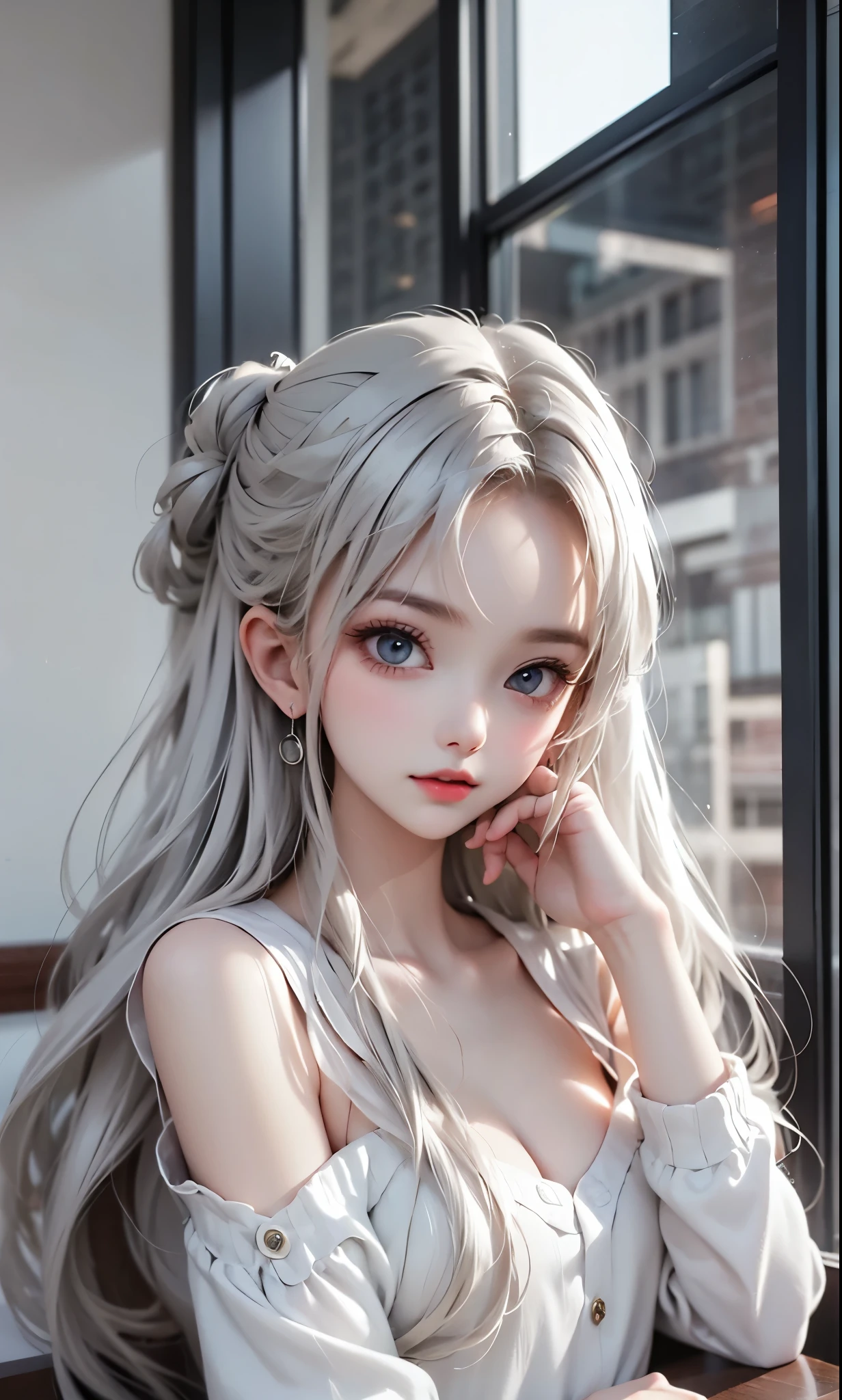 black and white color scheme, sexy girl ,immature , small,Silvery Curly Hair、sitting, upper body